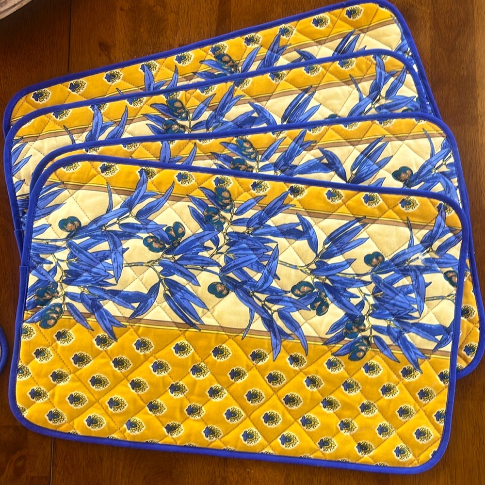 French country cotton Yellow and Blue Quilted Placemats Set of 4